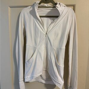 White Zip-Up Rain Running Hoodie large pockets and zip in back